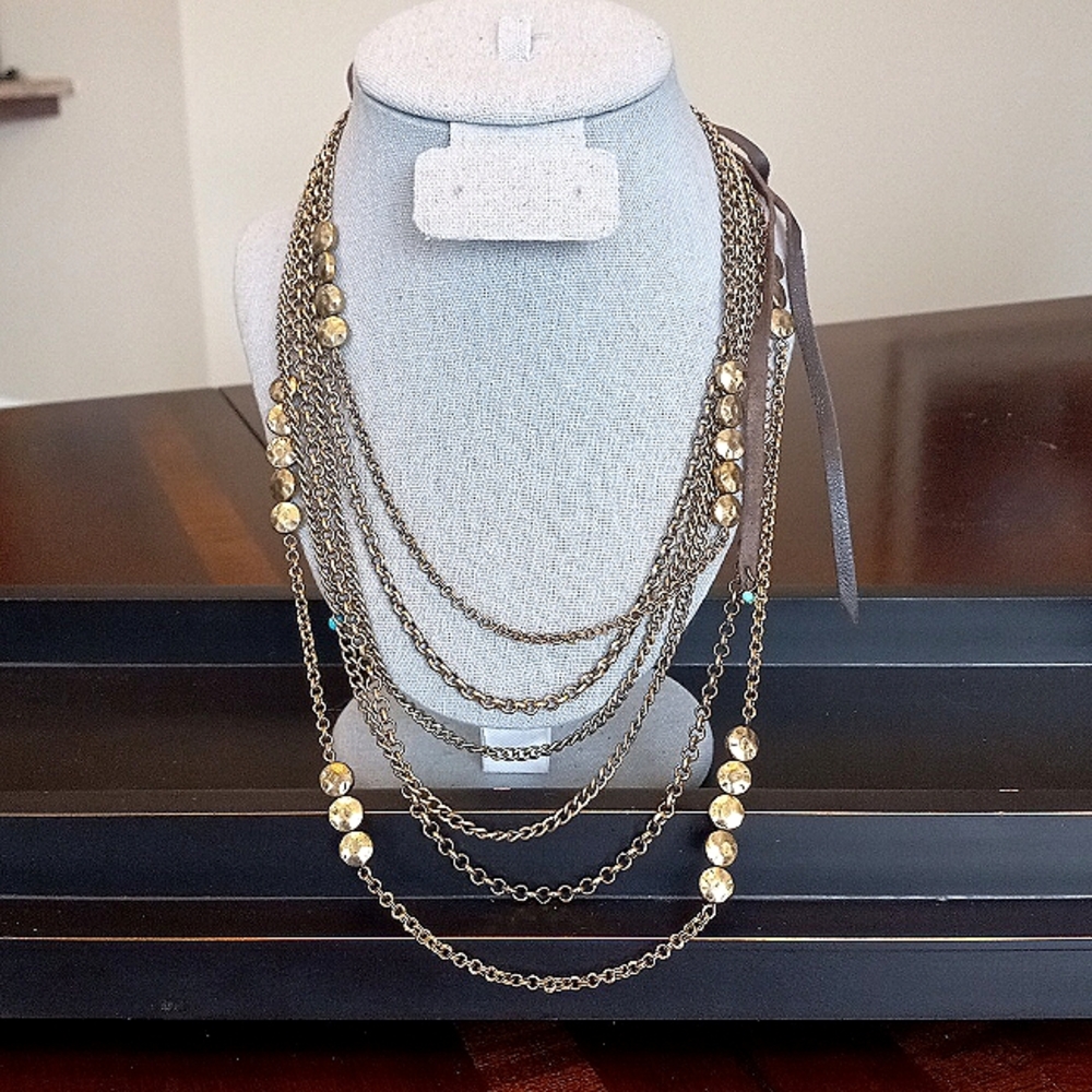 Lucky Brand Antique Gold Layered Boho Necklace w/Suede Leather Tie